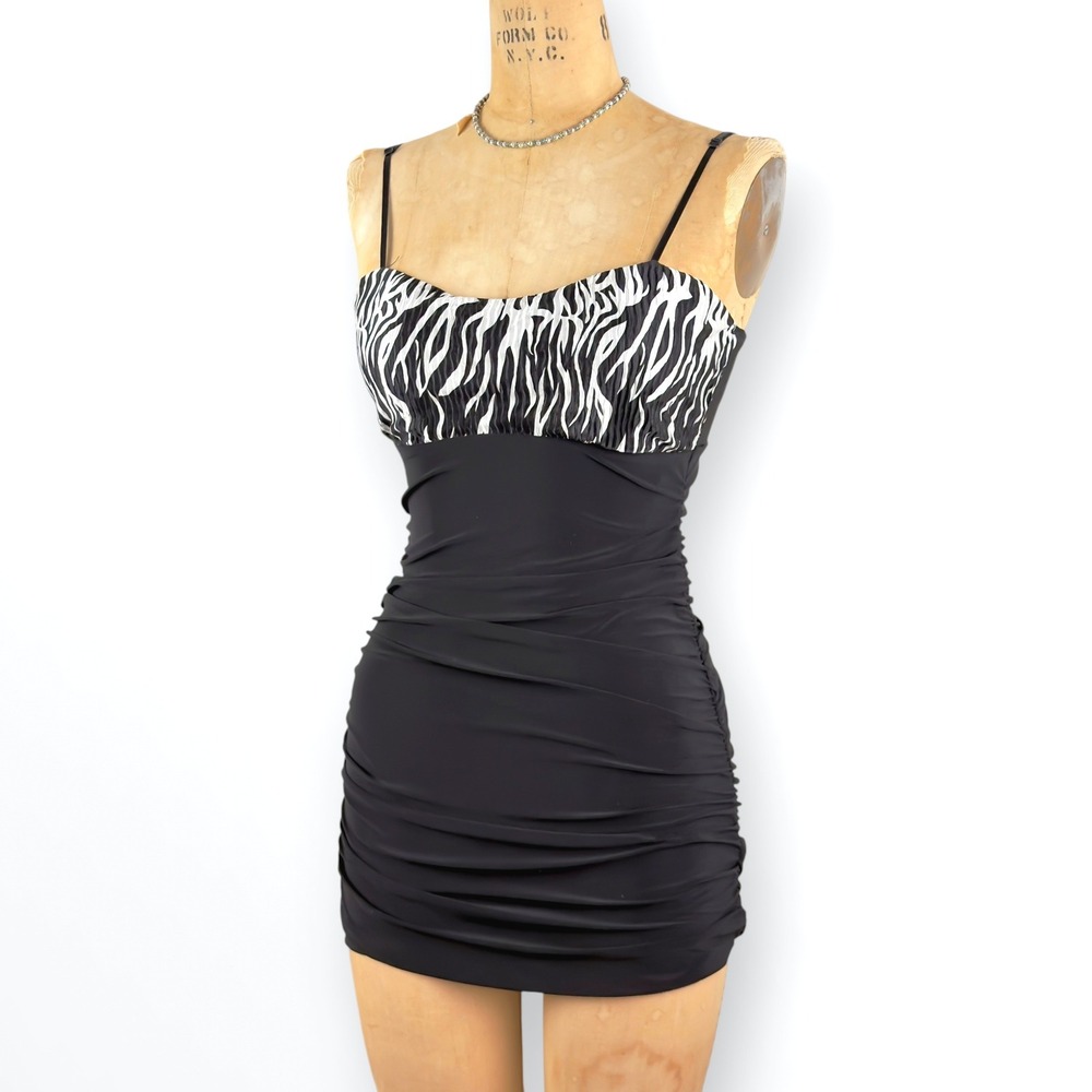 Y2K Zebra Print Ruched Mini Dress Bodycon Strappy Indie Sleaze Mob Wife Size S M